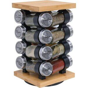 Rotating spice rack with 16 jars pre filled spices countertop organizer carousel